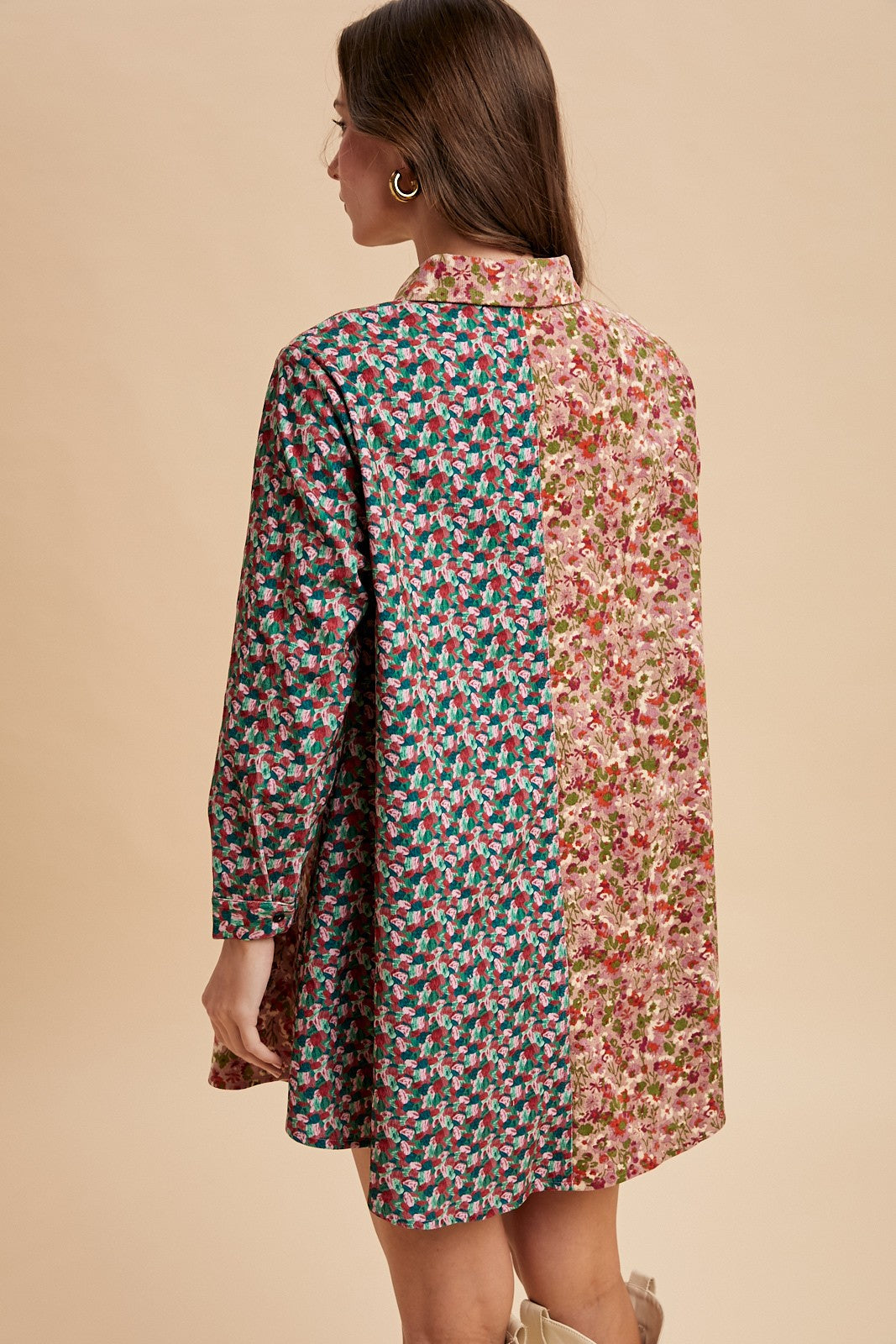 Caroline Corduroy Floral Patchwork Panel Mini Shirt Dress (Small to XL)