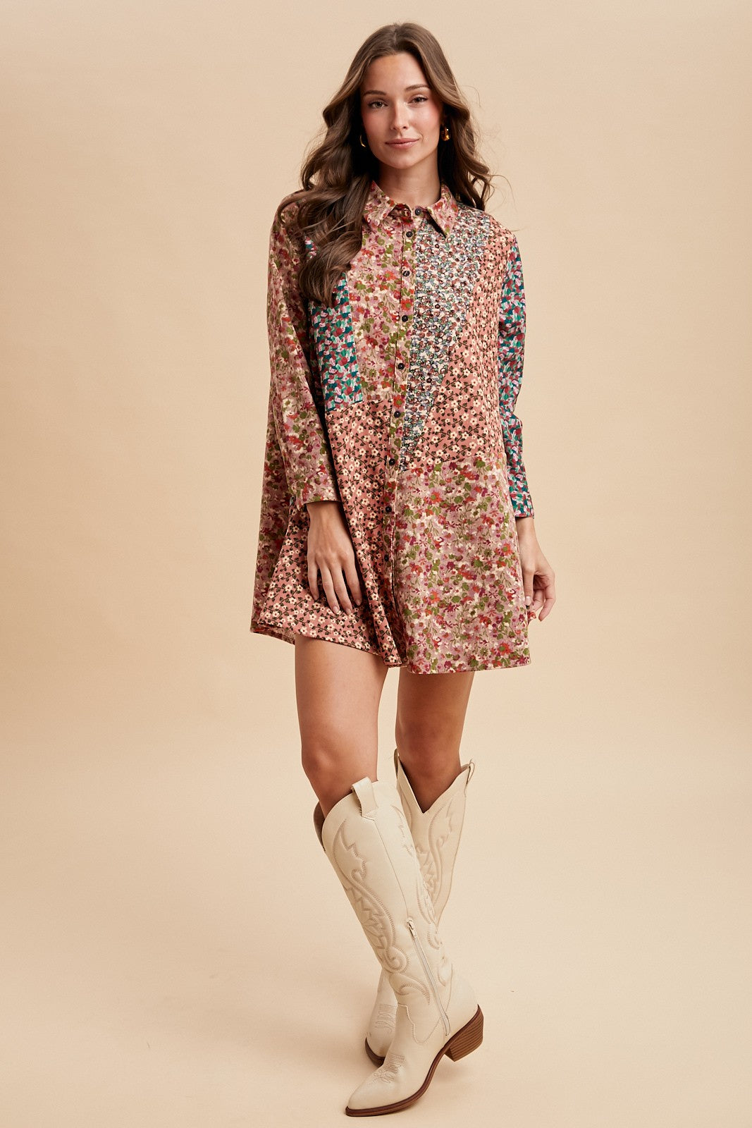 Caroline Corduroy Floral Patchwork Panel Mini Shirt Dress (Small to XL)