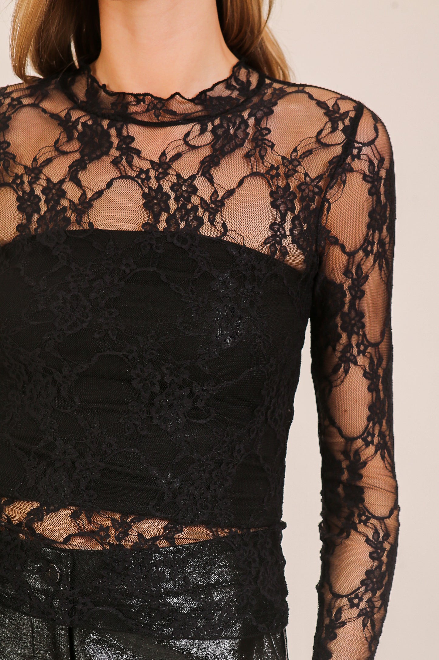 Lucy Lace Long Sleeve Mock Neck Layering Top (Small to Large)