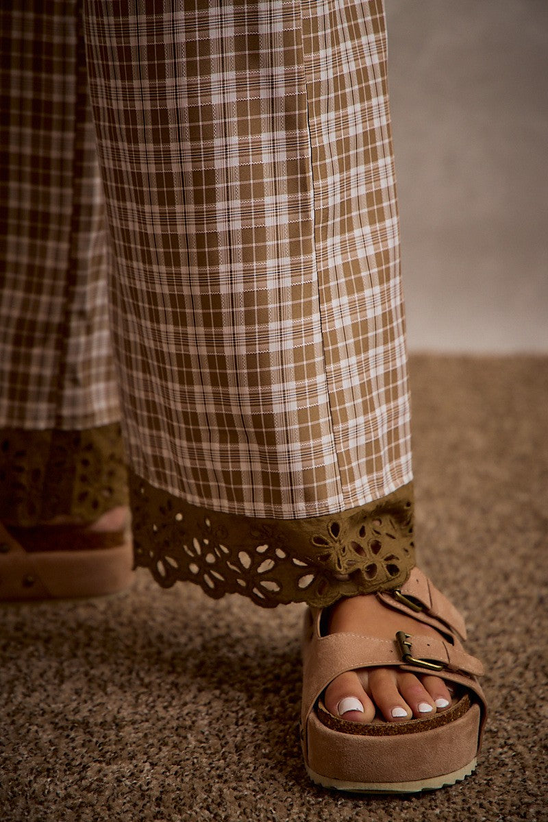 He Leads Me Plaid Wide Leg Pant with Lace Detail (Small to XL)