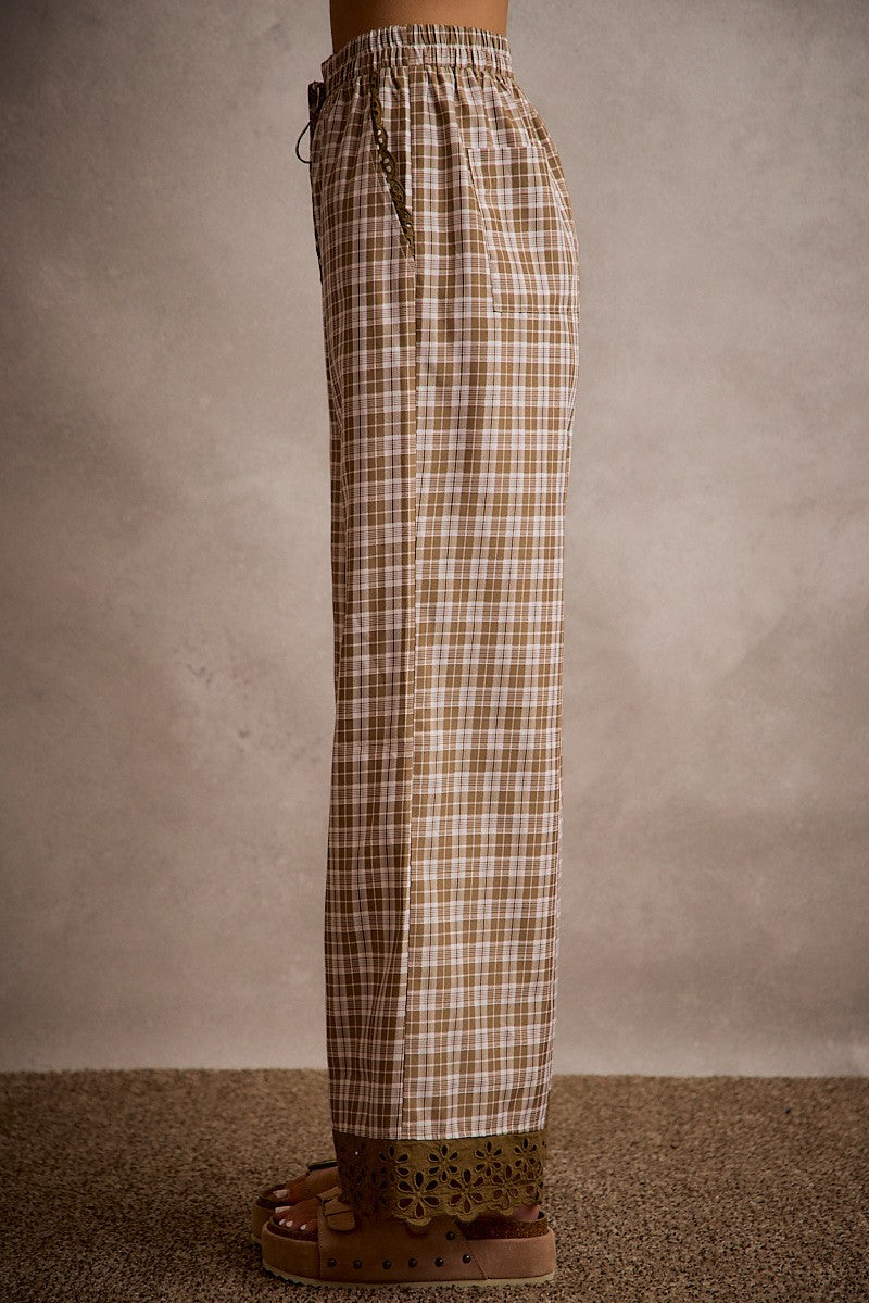 He Leads Me Plaid Wide Leg Pant with Lace Detail (Small to XL)