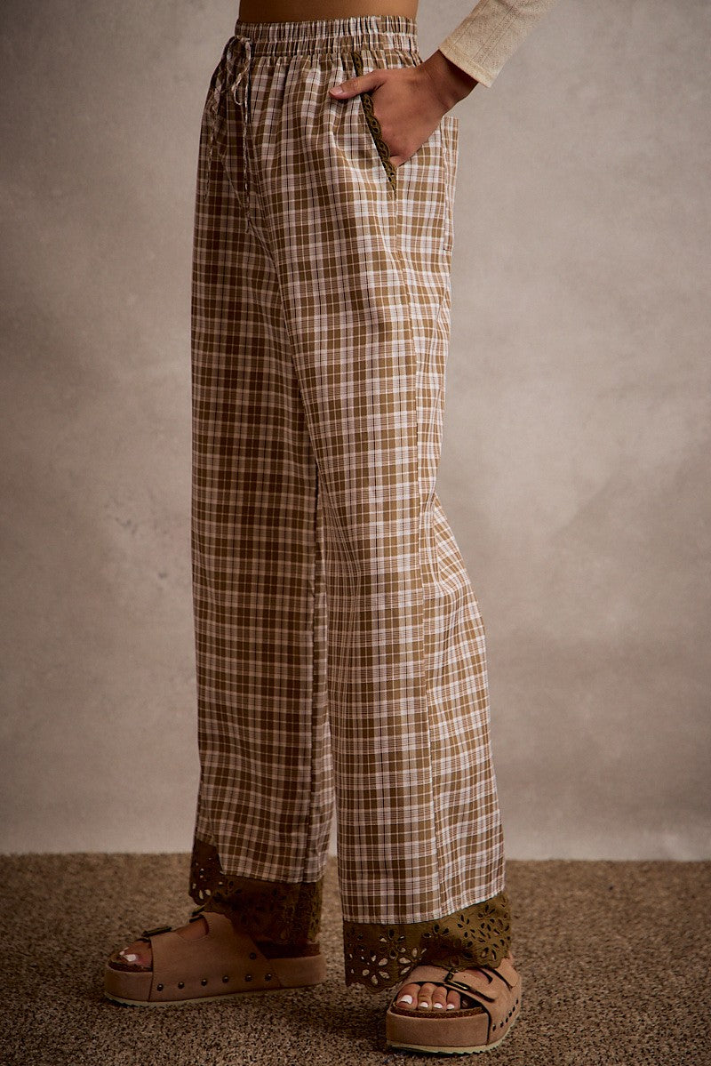 He Leads Me Plaid Wide Leg Pant with Lace Detail (Small to XL)