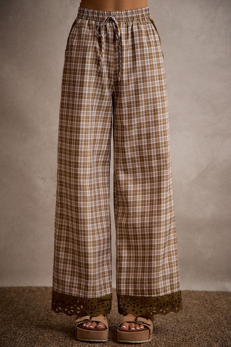 He Leads Me Plaid Wide Leg Pant with Lace Detail (Small to XL)