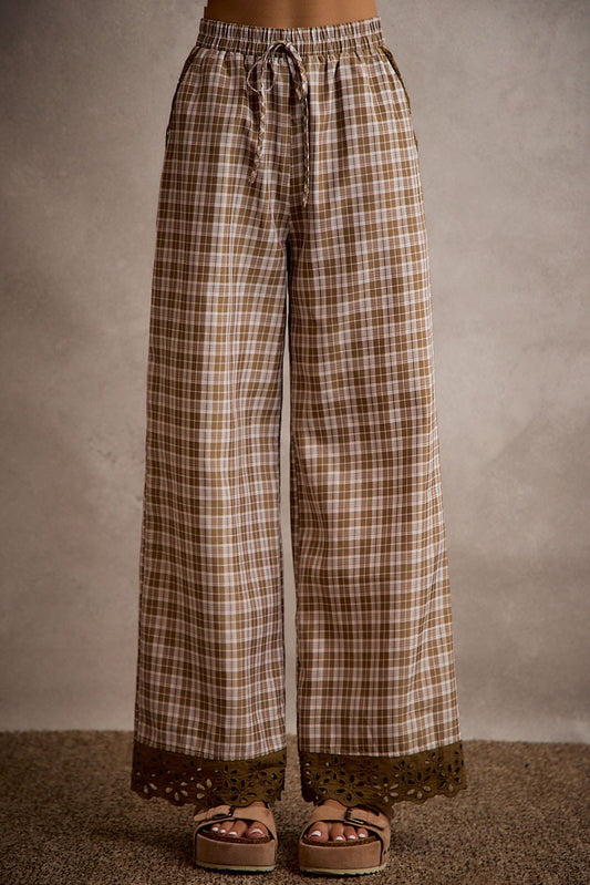 He Leads Me Plaid Wide Leg Pant with Lace Detail (Small to XL)
