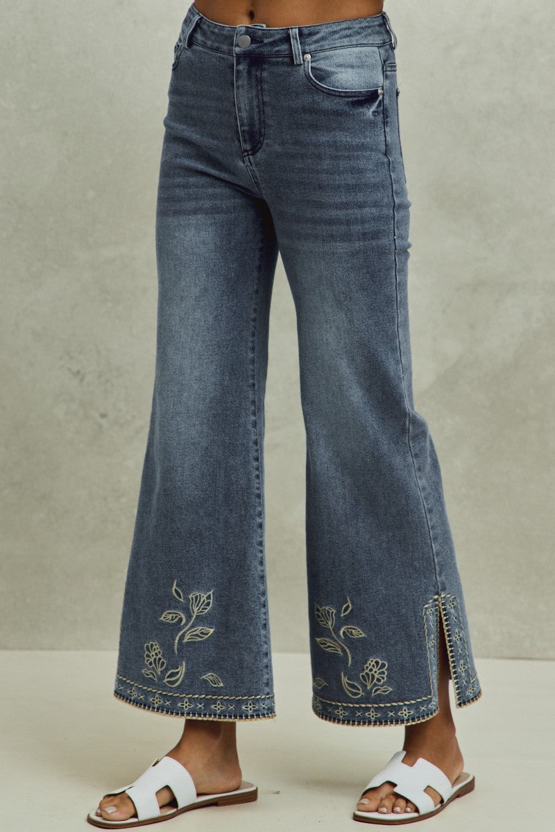 Mid Rise Stretch Denim Flare Jeans Pants With Hem