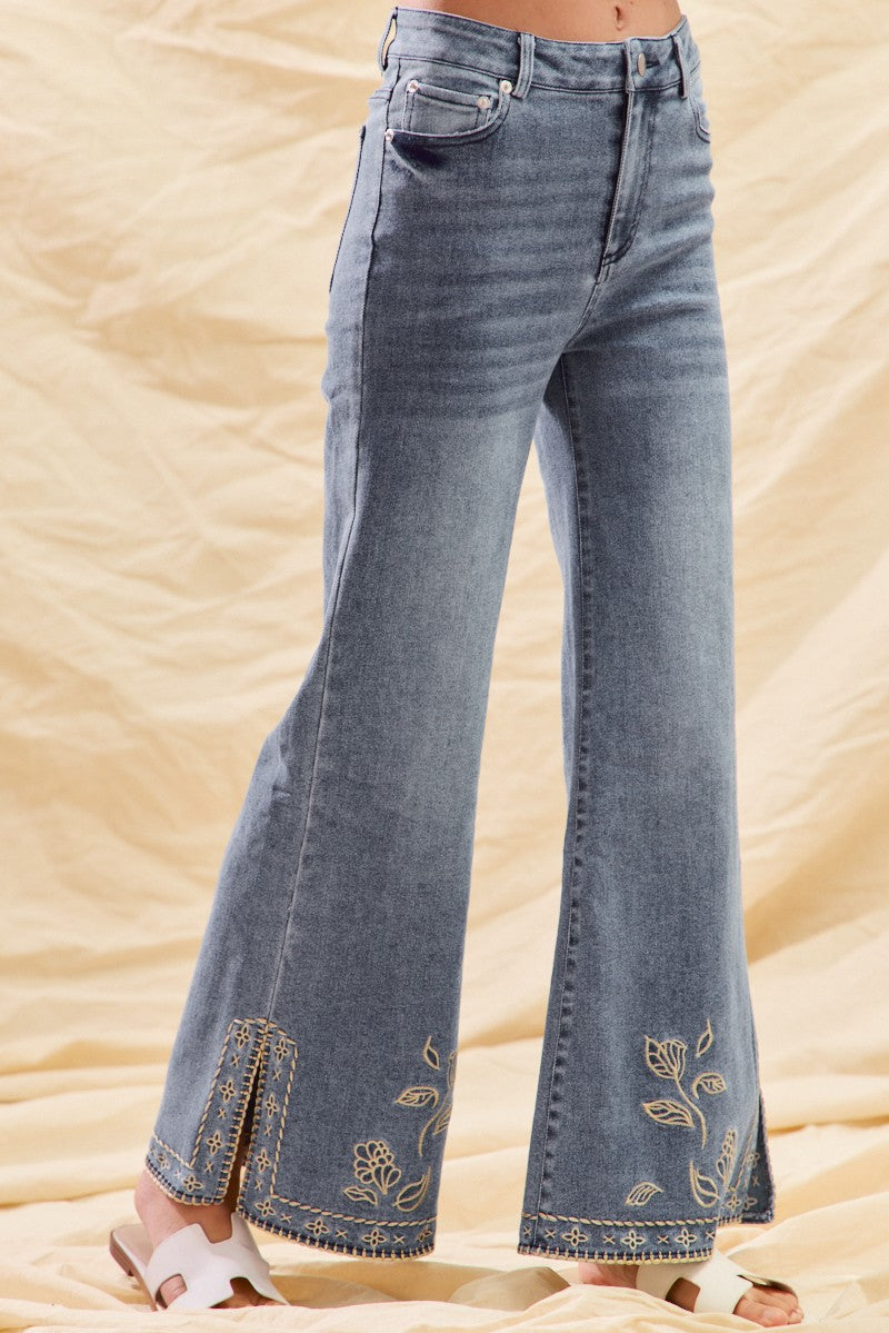 Mid Rise Stretch Denim Flare Jeans Pants With Hem