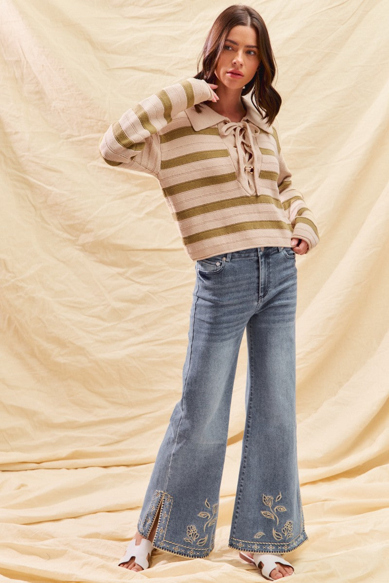Mid Rise Stretch Denim Flare Jeans Pants With Hem