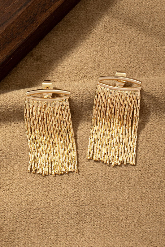 Gold Front and Back Curve Bar and Chain Tassel Earrings