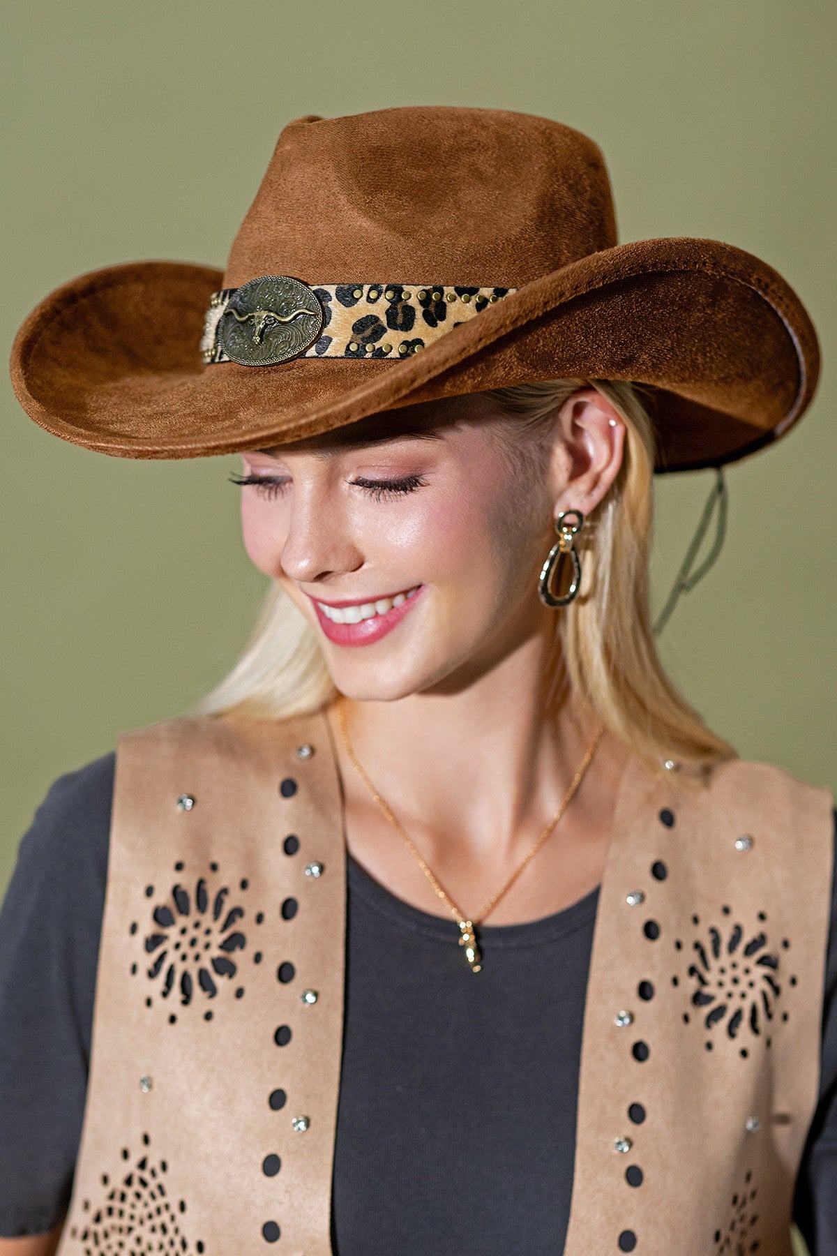 LONGHORN STEER BUCKLE LEOPARD WESTERN COWBOY HAT