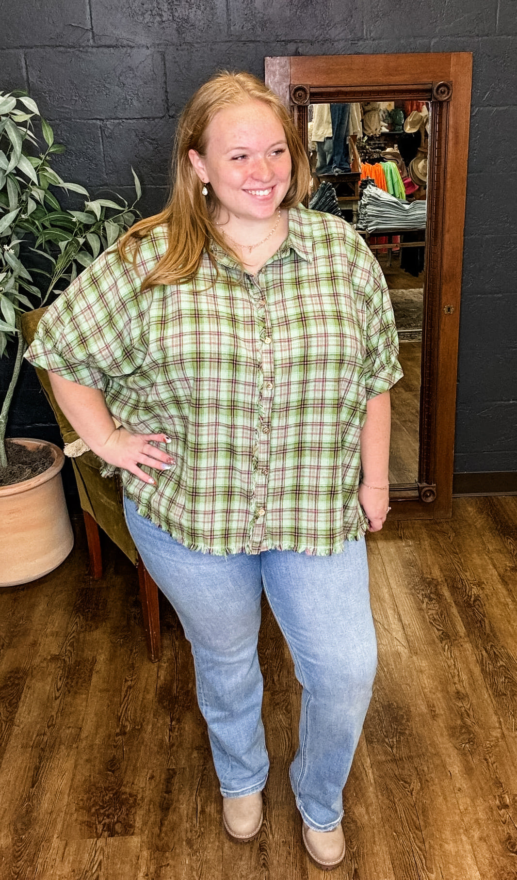 Pretty in Plaid Green Collared Button Down Top (XL to 2XL)