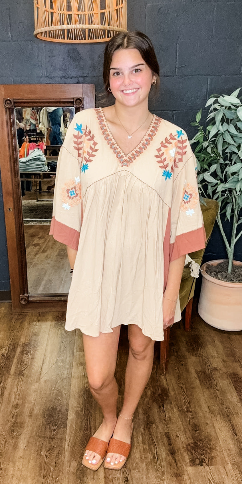 Wanderland Natural Embroidered Sleeve Dress (Small to Large)