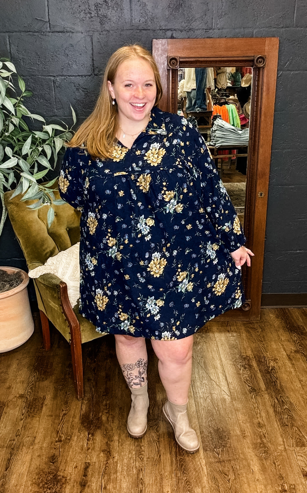 The Lauren Floral Corduroy Navy Midi Dress (XL to 2XL)