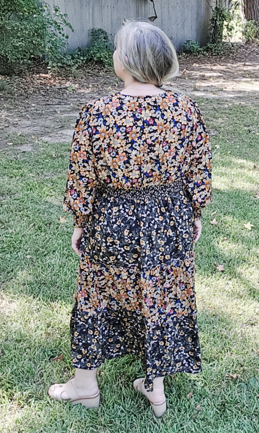 Harvest Moon Floral Long Sleeve Plus Size Midi Dress (XL to 2XL)