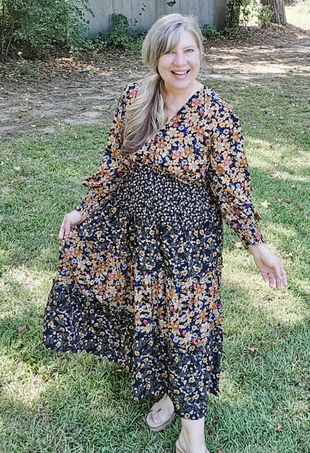 Harvest Moon Floral Long Sleeve Plus Size Midi Dress (XL to 2XL)