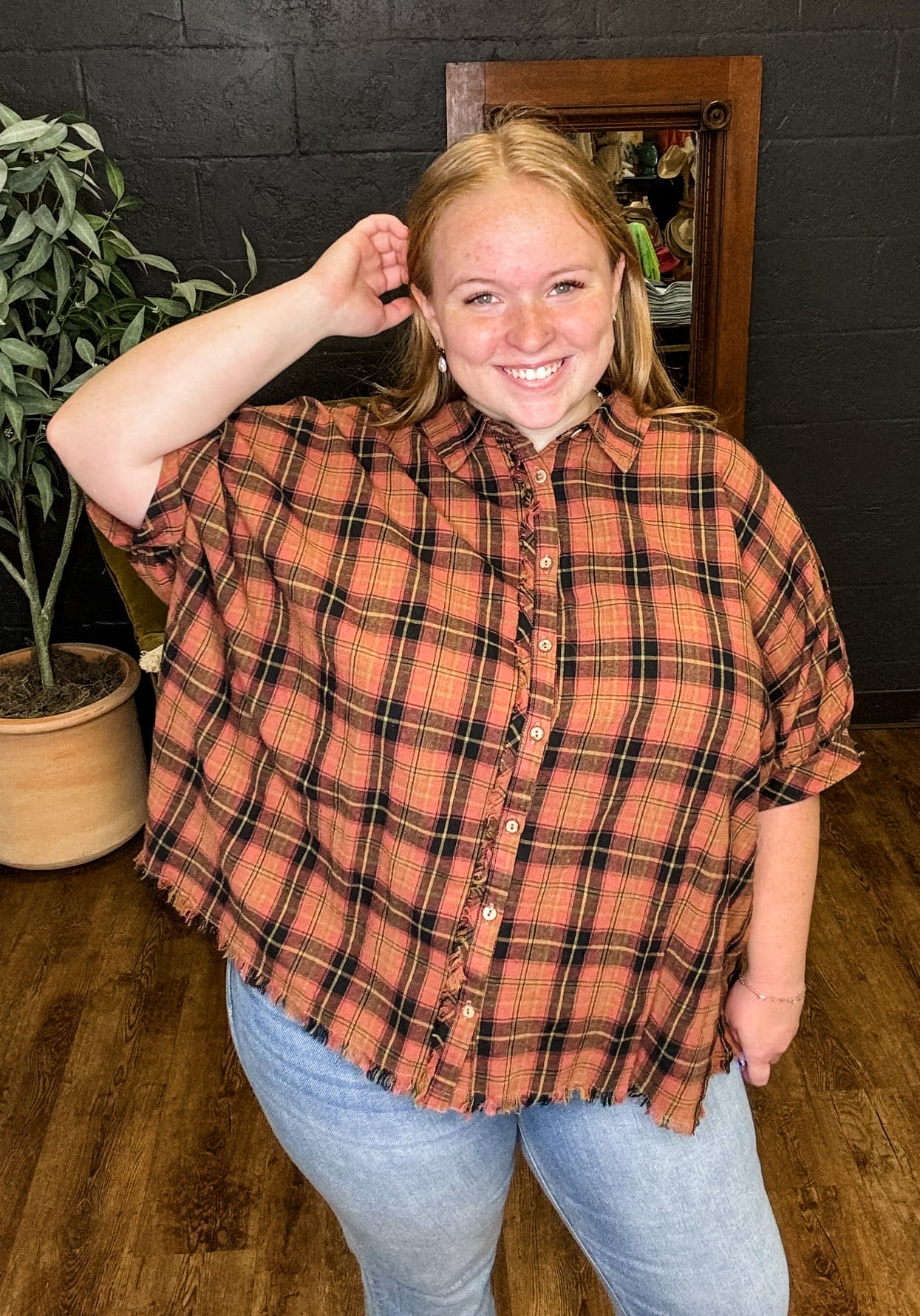 Pretty in Plaid Rosewood Collared Button Down Top (XL to 2XL)