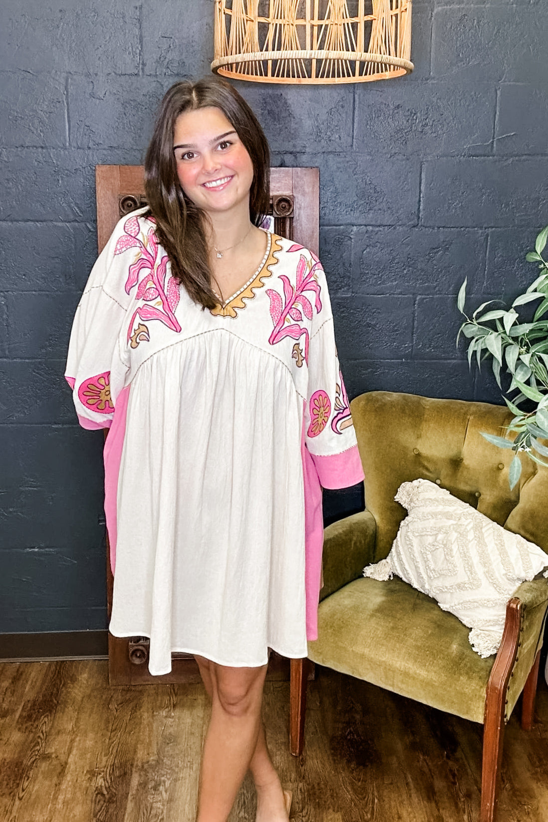 Wanderland Ivory/Pink Embroidered Sleeve Dress (Small to Large)