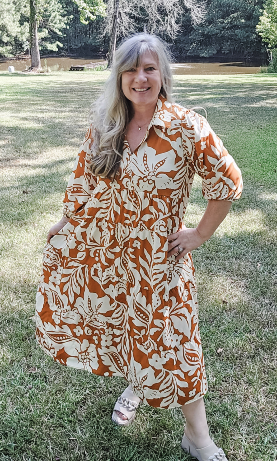 Rumors Terracotta Floral Print Midi Plus Size Dress (XL to 3XL)