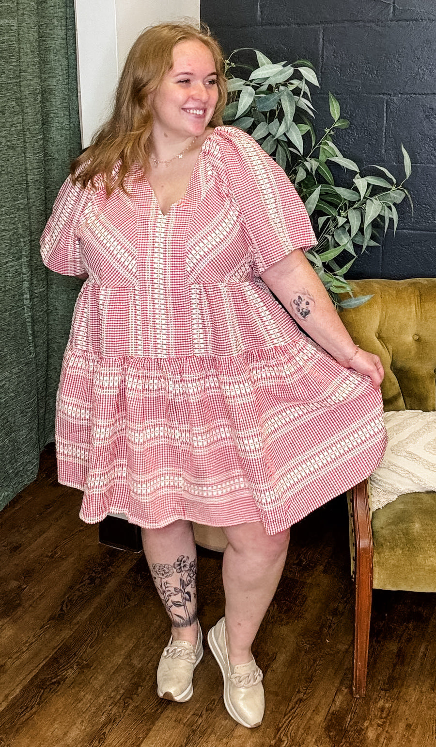 Indian Summer Embroidered Gingham Plus Size Dress (1XL to 3XL)