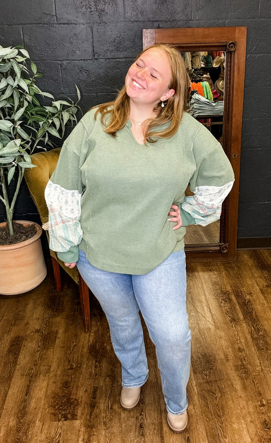 The Olive Patchwork Thermal Pullover (1X to 3X)