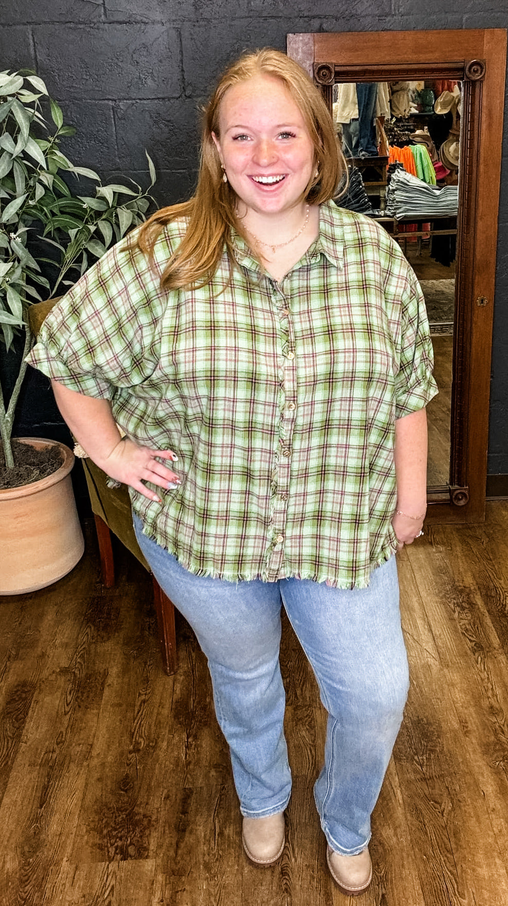 Pretty in Plaid Green Collared Button Down Top (XL to 2XL)