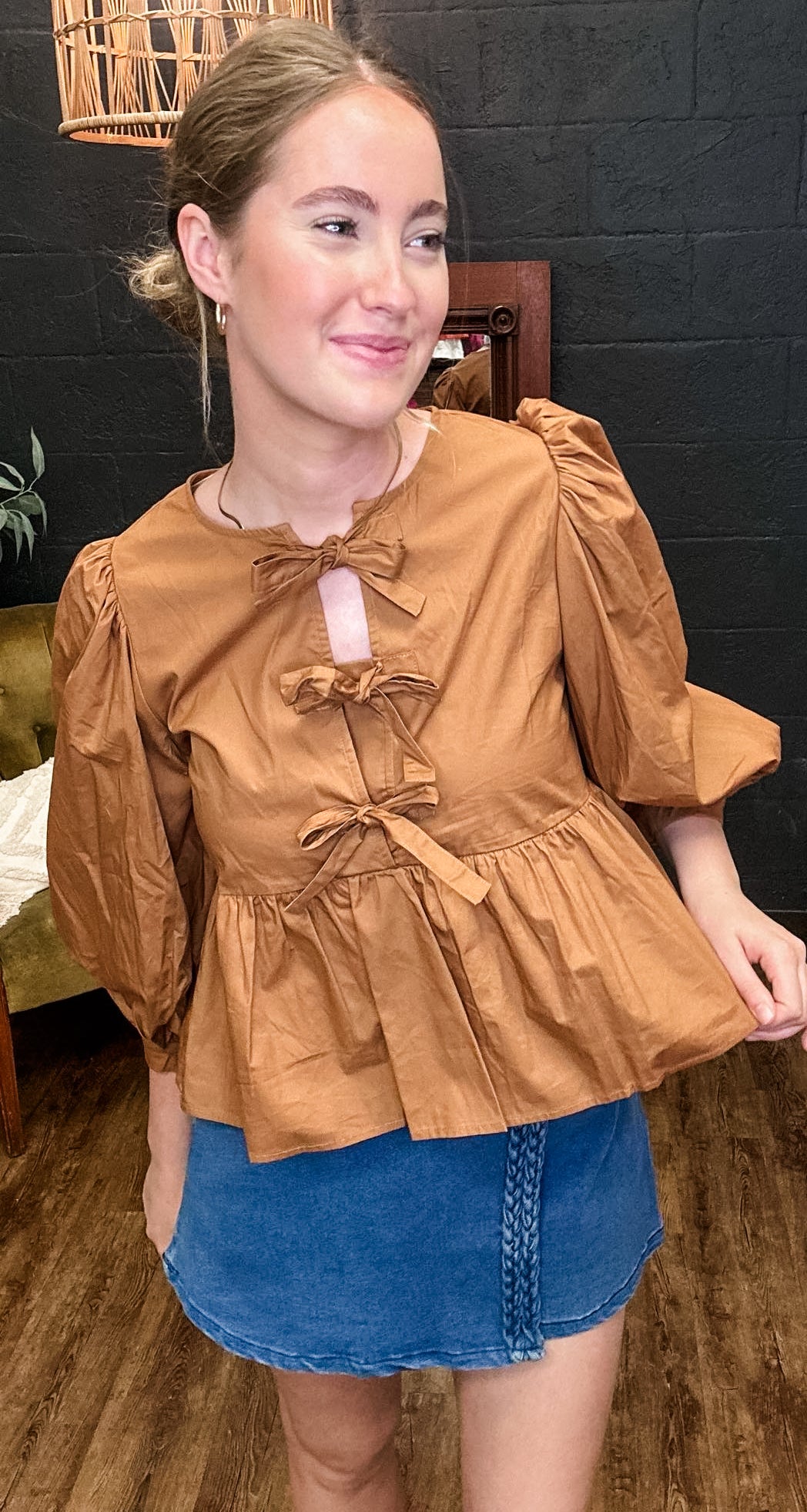 Take a Bow Toffee Peplum 3/4 Sleeves Top (Small to XLarge)