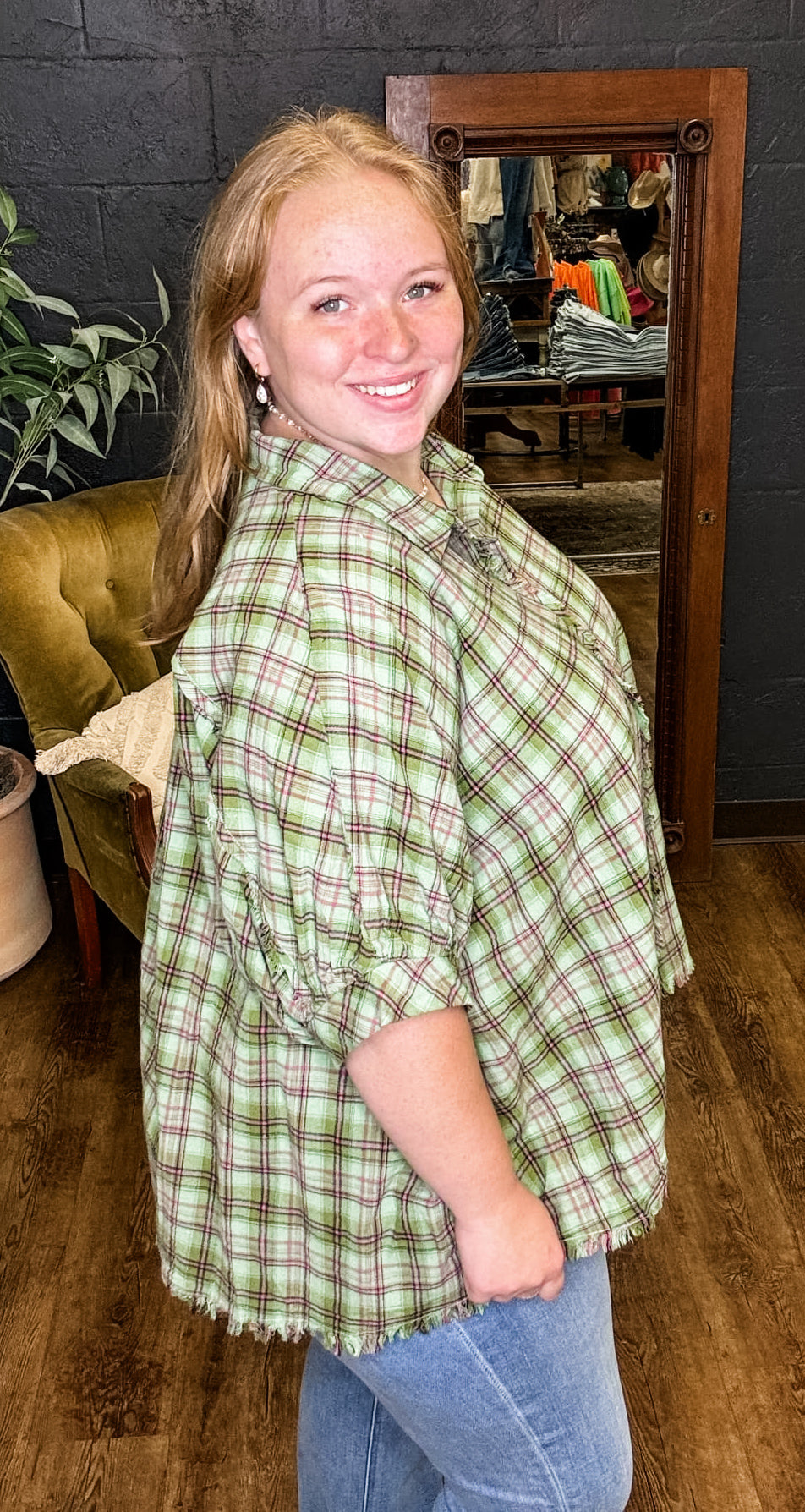 Pretty in Plaid Green Collared Button Down Top (XL to 2XL)