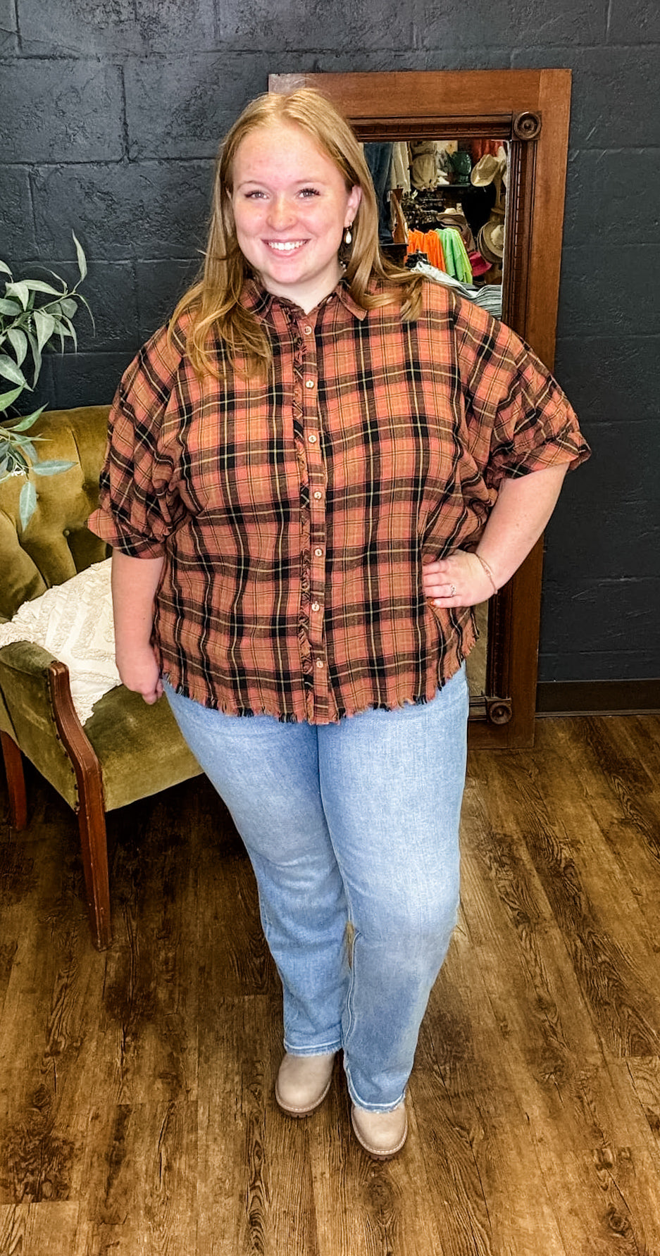 Pretty in Plaid Rosewood Collared Button Down Top (XL to 2XL)