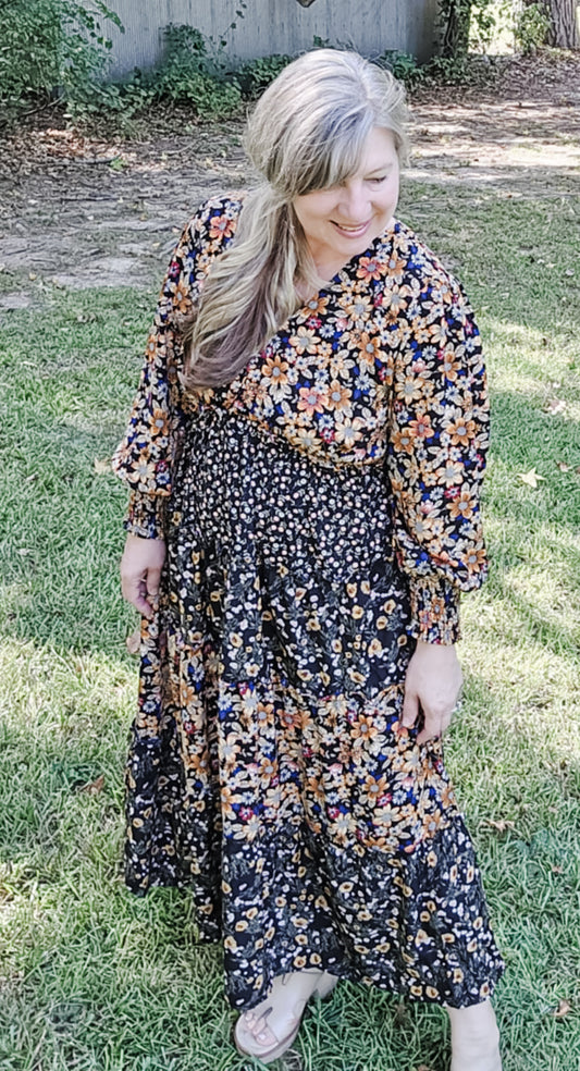 Harvest Moon Floral Long Sleeve Plus Size Midi Dress (XL to 2XL)