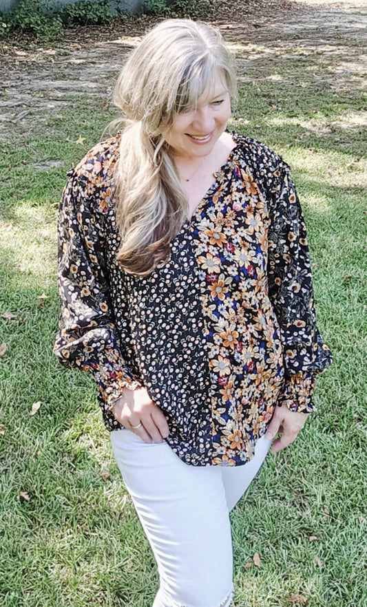 Sara Smiles Floral Print Long Sleeve Plus Size Top (XL to 2XL)