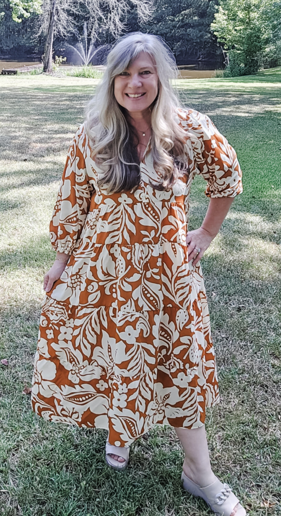 Rumors Terracotta Floral Print Midi Plus Size Dress (XL to 3XL)