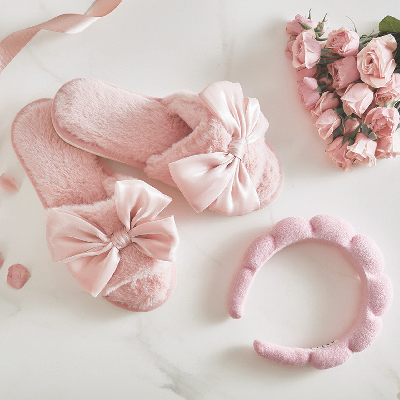 Pink Satin Bow Slippers