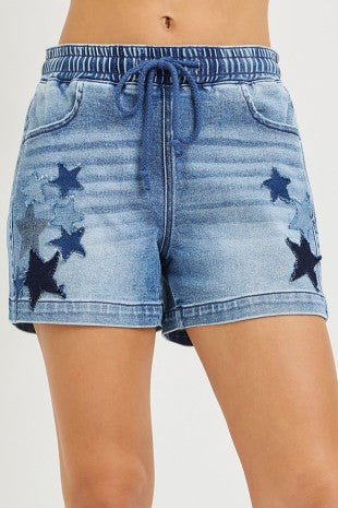 Oh My Stars Denim Shorts with Star Patched Details
