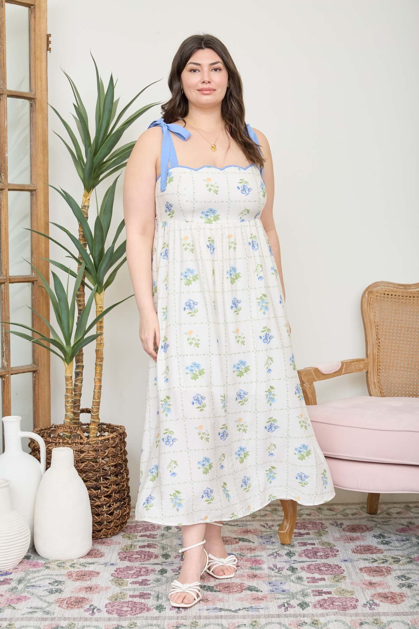 Floral Tile Pattern Tie Strap Midi Dress