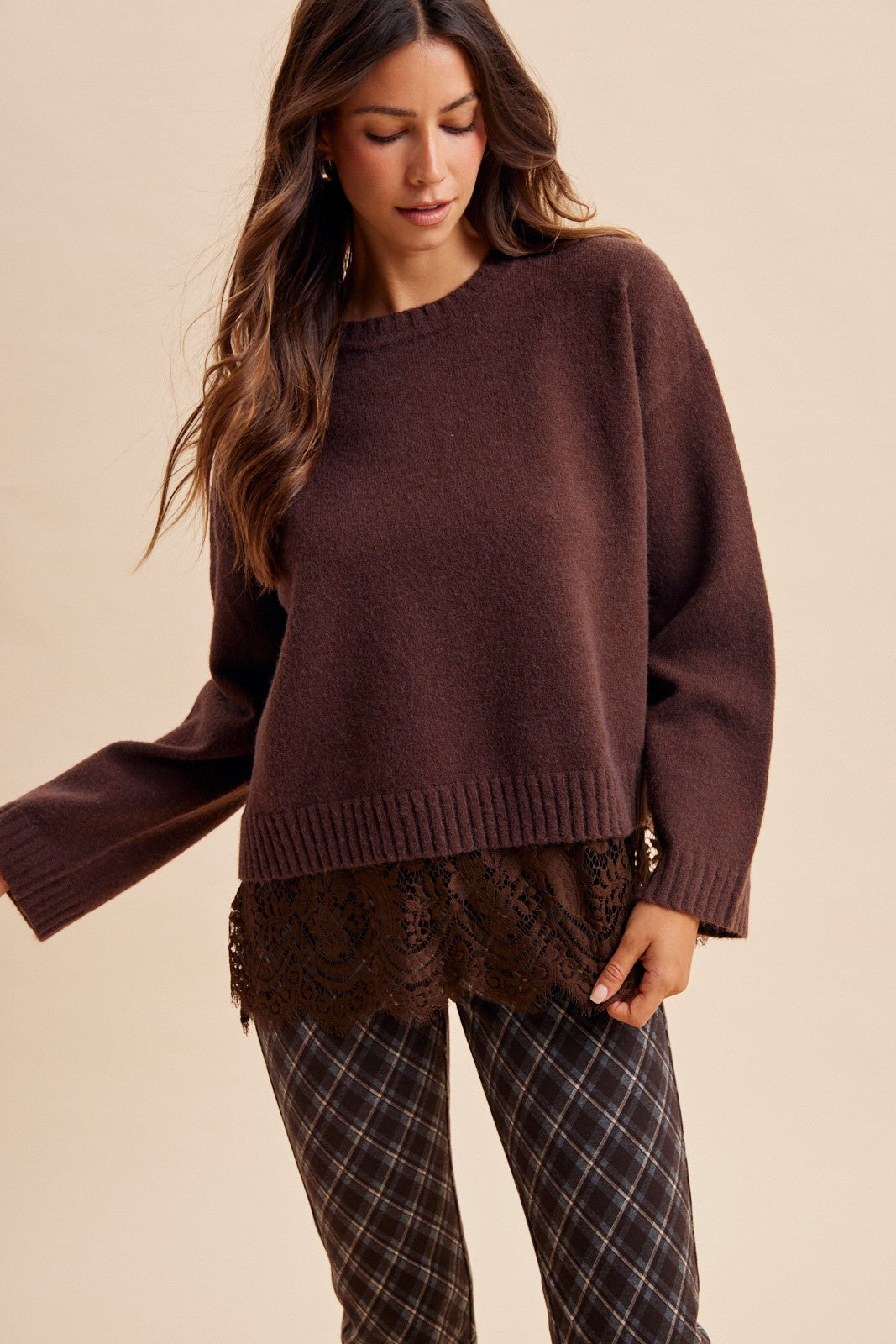 Scalloped Lace Hem Soft Sweater