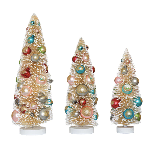 Sisal Bottle Brush Trees w/ Multi Color Ornaments & Wood Bases