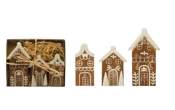 Hand-Painted Pine Woods Houses with Faux Snow, Brown and White