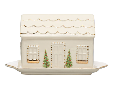 Hand-Painted Stoneware House Butter Dish w/ Gold Electroplating