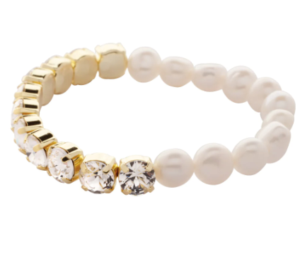 Modern Pearl and Crystal Bright Gold-Tone Stretch Bracelet