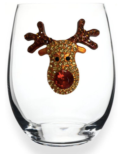 The Queen's Jewels Red Nose Reindeer Jeweled Stemless Wine Glass