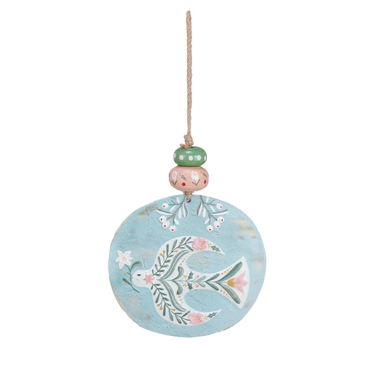 Embossed Metal Ornament w/ Dove & Wood Beads