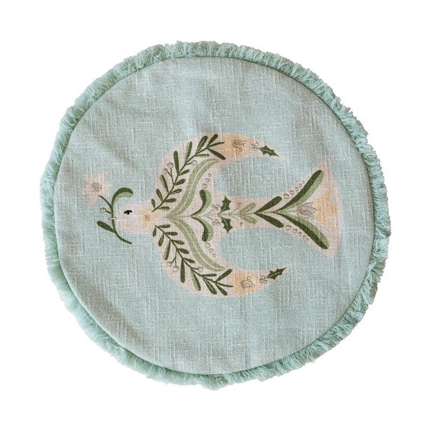 16" Round Cotton Printed Pillow w/ Embroidered Dove & Fringe