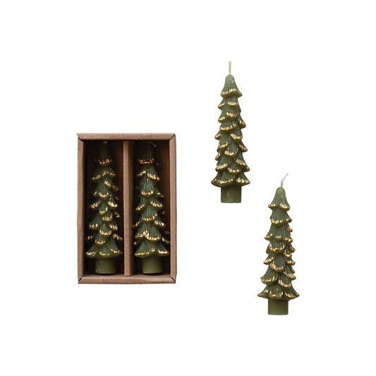 5" Unscented Evergreen/Gold Tree Shaped Taper Candles, Set of 2