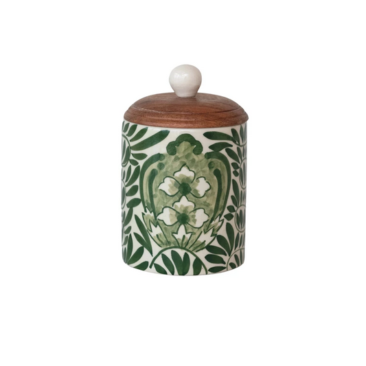 Hand-Painted Stoneware Canister w/ Design & Acacia Wood Lid