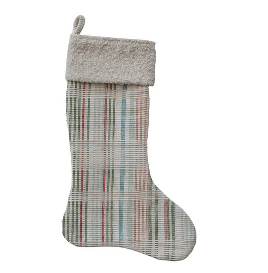 20"H Woven Cotton Stocking with Faux Sherpa Cuff, Multi Color Plaid