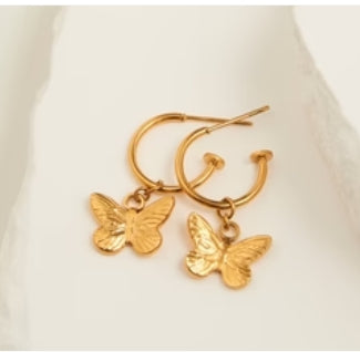 Waterproof Butterfly Charm C Hoop Earrings