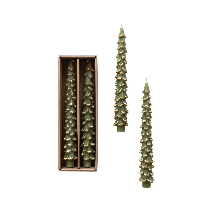 10" Unscented Evergreen/Gold Tree Shaped Taper Candles, Set of 2