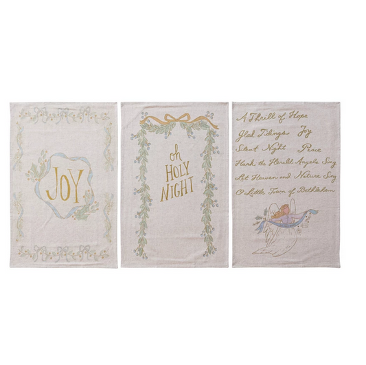 Cotton & Linen Printed Tea Towel with Holiday Saying (3 Styles Available)