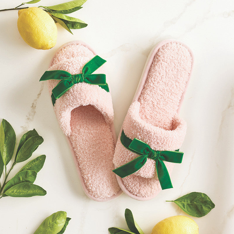 Pink Teddy Slippers with a Green Velvet Bow