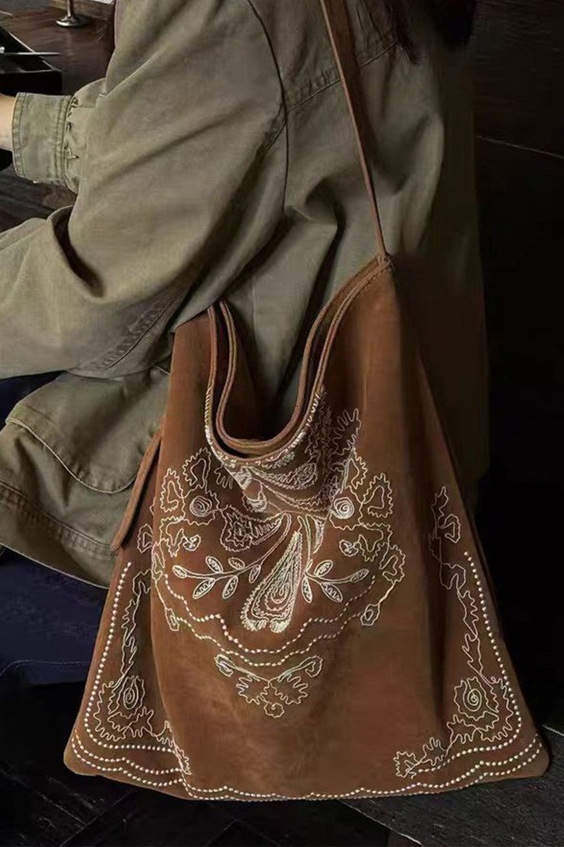 Sweet Magnolia Suede Embroidered Tote Bag