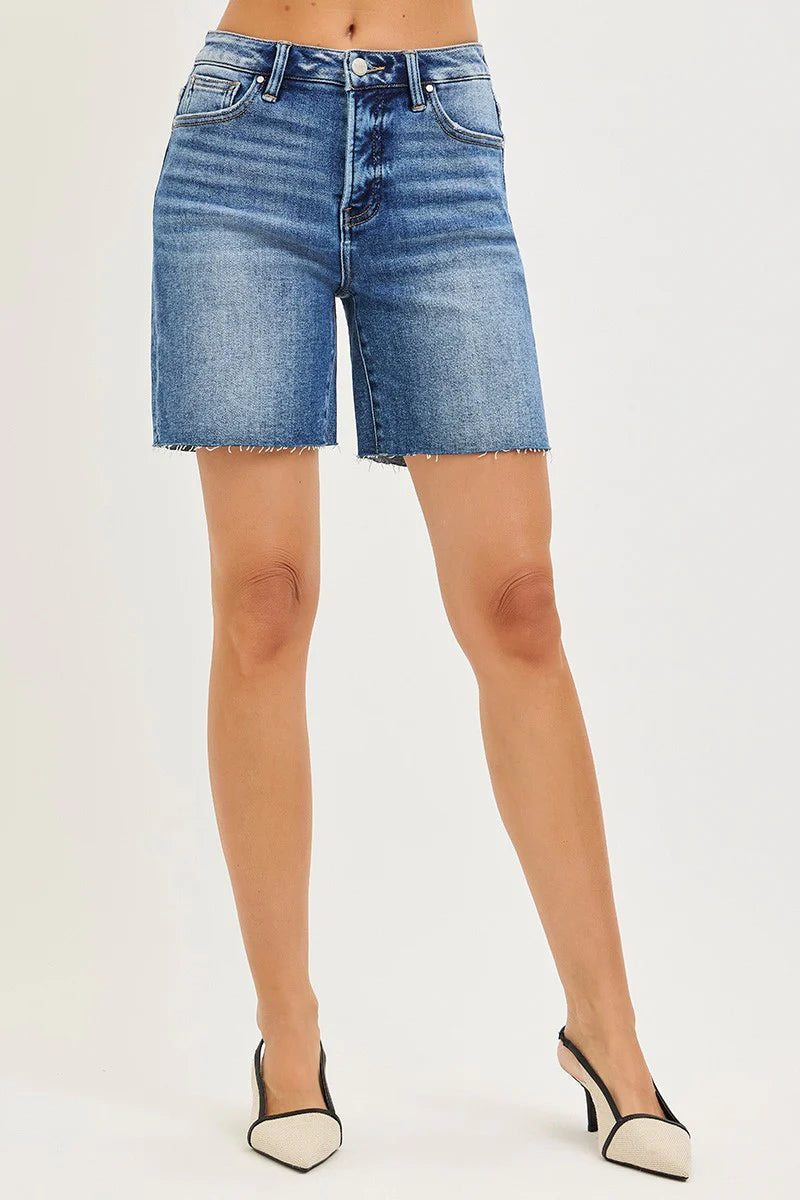Risen Tummy Control High Rise Raw Cut Hem Denim Shorts